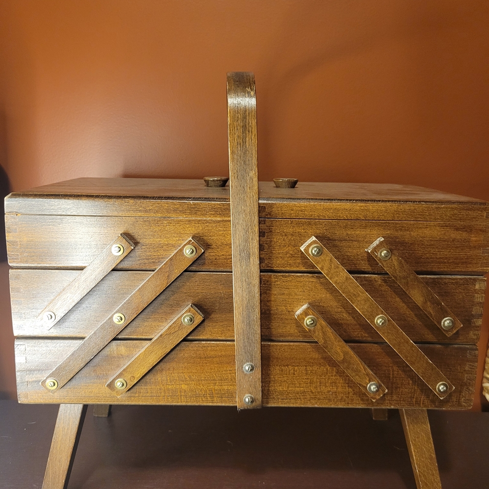 Vintage Wood Accordion Style Sewing Box 3 Tier Fold Out Chest